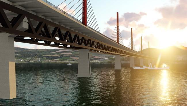 Illustrasjon av fremtidig Mjøsbru i tre. (Foto:Statens vegvesen)