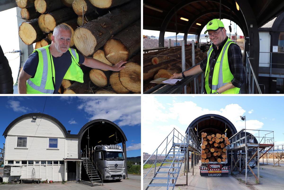 Jens-Gunnar Heggestad og Sigurd M. Bermingrud er tømmermålere ved Lierstranda tømmerterminal