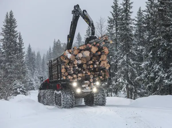 I løpet av noen uker har Dag Martin Herrman og Ottar Langvandsbråten sørget for hogst og utkjøring av tømmer for tre skogeiere på Ringkollen. – Vi måtte krysse den viktigste skiløypa, men timingen ble perfekt med tanke på snøforhold og vel gjennomført drift, sier skogbruksleder Martin Tangen.