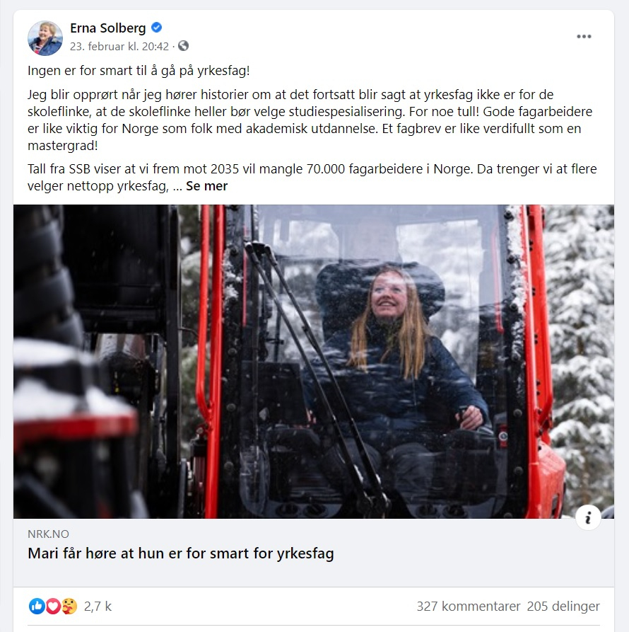 Erna Solberg forsvarer de som velger en yrkesvei fremfor studiespesialiserende linje på videregående.