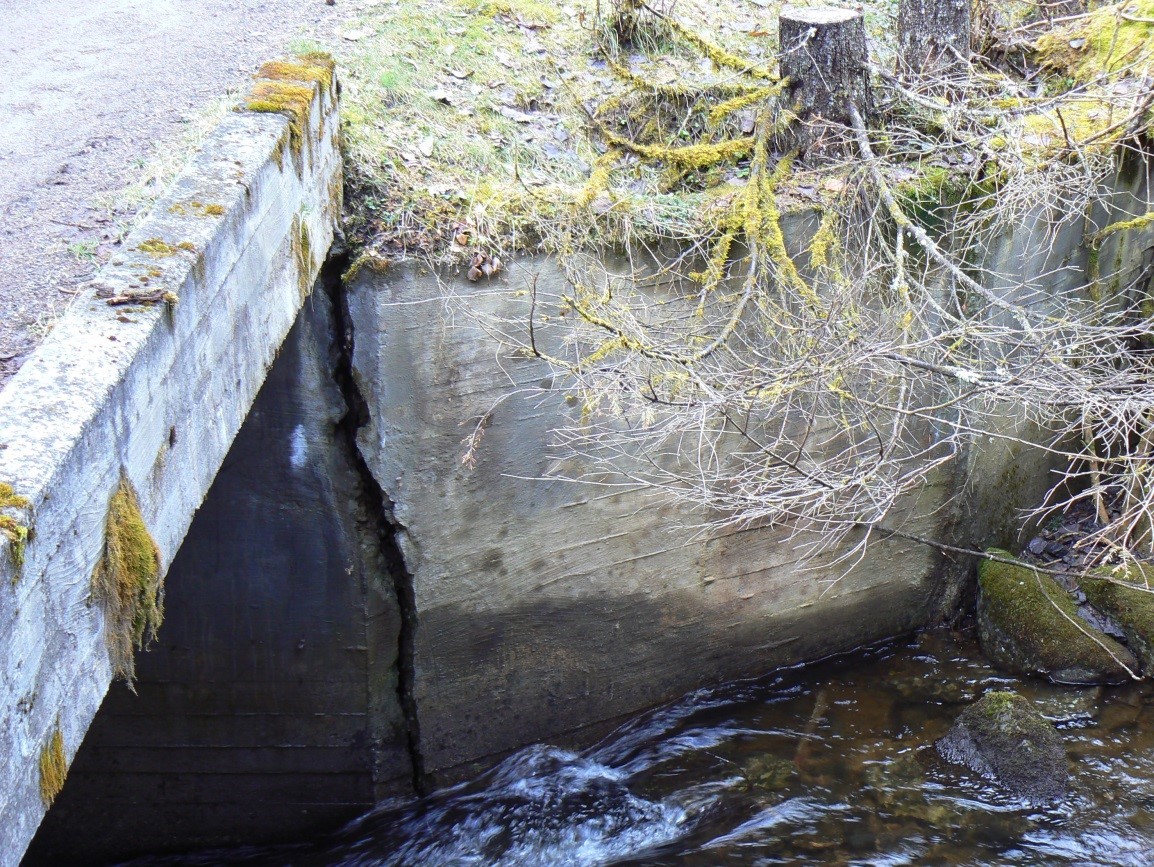 Bildet viser vertikal sprekk i vingemur på landkar, her er det ingen armering som holder konstruksjonen sammen.